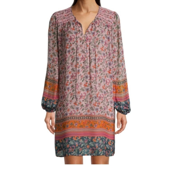 LOBAS Ditsy Floral Boho Flowy Shift Long Sleeve Mini Dress. Pink Multi. Size Med - Picture 4 of 14